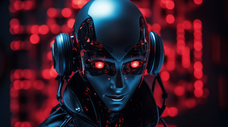 a robot with glowing red eyes in front of a red backgroundの素材