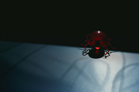 a red spider sitting on a table in the darkの素材