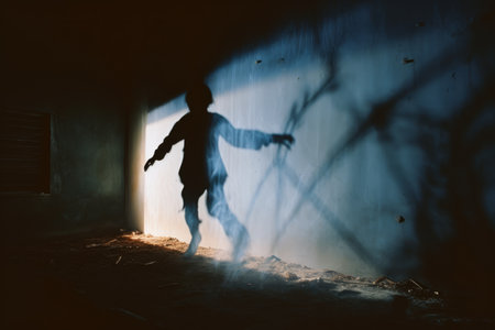 a shadow of a person standing in a dark roomの素材