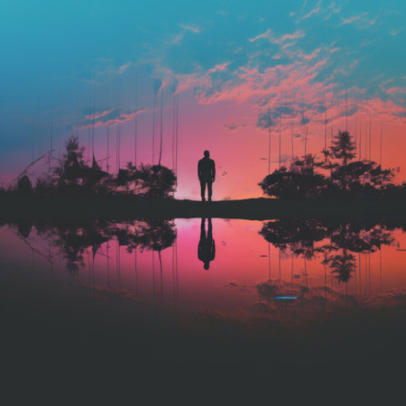 a silhouette of a man standing in front of a lake at sunsetの素材