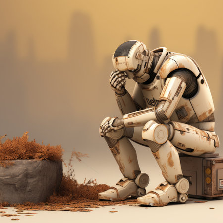 a robot is sitting on the ground with his head in his handsの素材