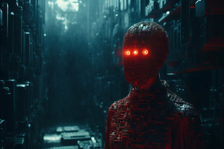 a robot standing in a dark room with glowing eyesの素材