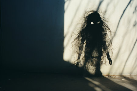 a shadow of a person with long hair standing in front of a wallの素材
