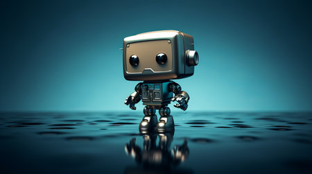 a robot is standing on a surface with water dropletsの素材