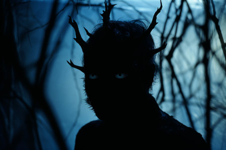 a silhouette of a man in the woodsの素材