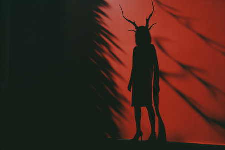a shadow of a woman standing in front of a red wallの素材
