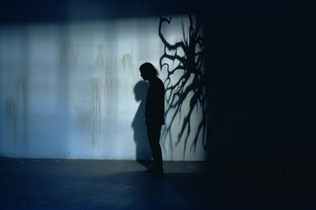 a silhouette of a man standing in front of a treeの素材