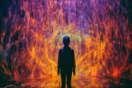 a silhouette of a person standing in front of a colorful vortexの素材