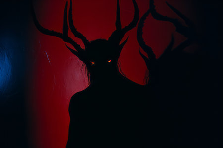 a silhouette of a man with horns on his headの素材