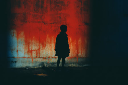 a silhouette of a person standing in front of a red and blue wallの素材