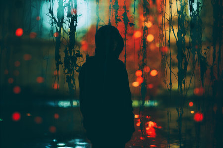 a silhouette of a person standing in front of lightsの素材