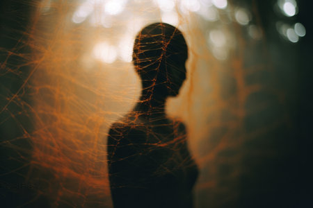 a silhouette of a person standing in front of a spider webの素材
