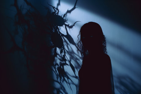 a silhouette of a woman standing in front of a dark wallの素材