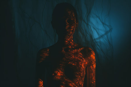 a silhouette of a woman in a dark roomの素材