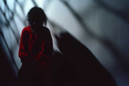 a silhouette of a woman in a red dress sitting in front of a wallの素材