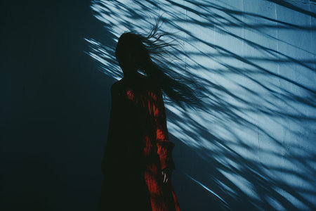 a silhouette of a woman in a red dress standing in front of a blue wallの素材