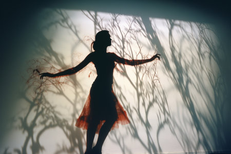 a silhouette of a woman standing in front of a treeの素材