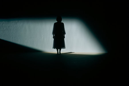 a silhouette of a woman standing in a dark roomの素材