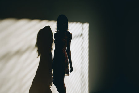 a silhouette of a woman standing in front of a wallの素材