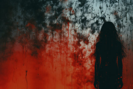 a silhouette of a woman standing in front of a red and black wallの素材