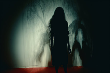 a silhouette of a woman standing in front of a treeの素材