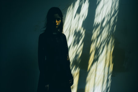 a silhouette of a woman standing in front of a wallの素材