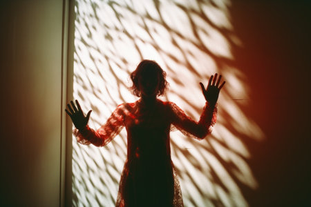 a silhouette of a woman standing in front of a wallの素材