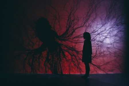 a silhouette of a woman standing in front of a treeの素材