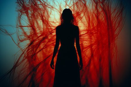 a silhouette of a woman standing in front of a red and blue backgroundの素材