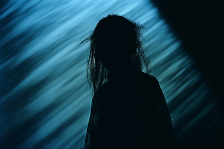a silhouette of a woman standing in front of a blue lightの素材