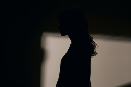 a silhouette of a woman standing in front of a wallの素材