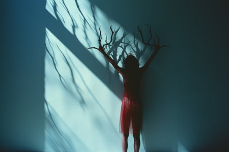 a silhouette of a woman standing in front of a wallの素材