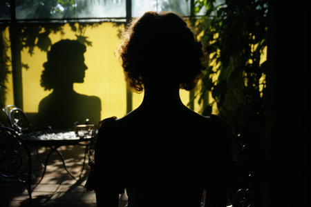a silhouette of a woman standing in front of a windowの素材
