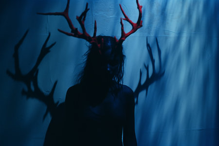 a silhouette of a woman with antlers on her headの素材