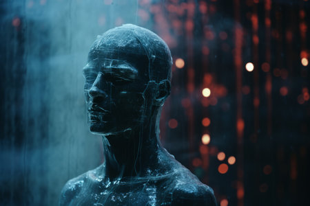 a statue of a man in front of a waterfallの素材