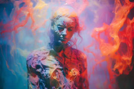 a woman covered in colorful paint and smokeの素材