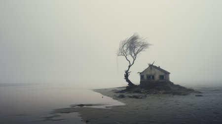 an abandoned house sits on an island in the middle of the oceanの素材