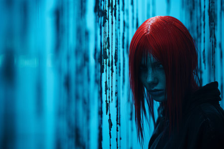 a woman with red hair standing in front of a blue wallの素材
