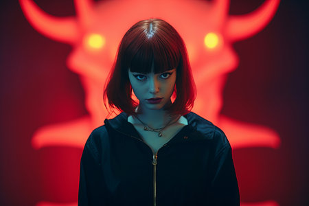 a woman with red hair standing in front of a red lightの素材