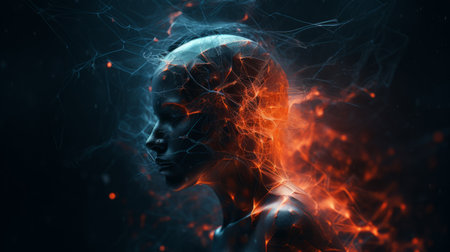 an abstract image of a woman with fire coming out of her headの素材