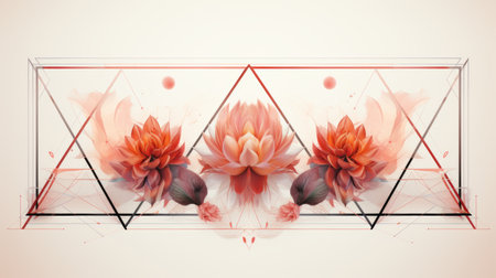 an abstract painting of flowers and geometric shapes on a beige backgroundの素材