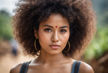 an african american woman with big curly hairの素材