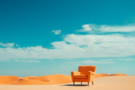 an orange chair sitting in the middle of a desertの素材