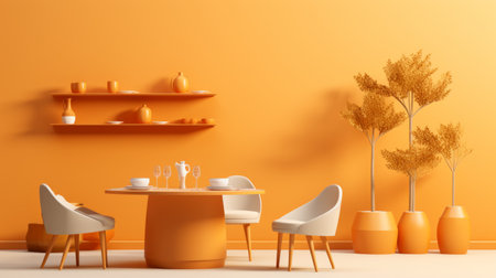 an orange dining room with white chairs and a tableの素材