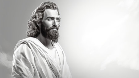jesus christ in a white robe on a gray backgroundの素材