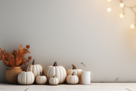 white pumpkins and a vase of flowers on a wooden tableの素材