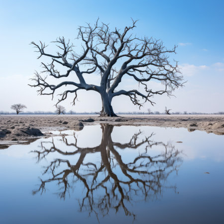 a dead tree is reflected in a puddle of waterの素材