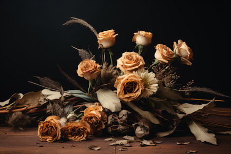 a bouquet of dried flowers on a wooden tableの素材