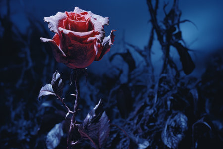 a single red rose in a dark fieldの素材