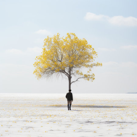 a person standing under a tree in the middle of a snowy fieldの素材